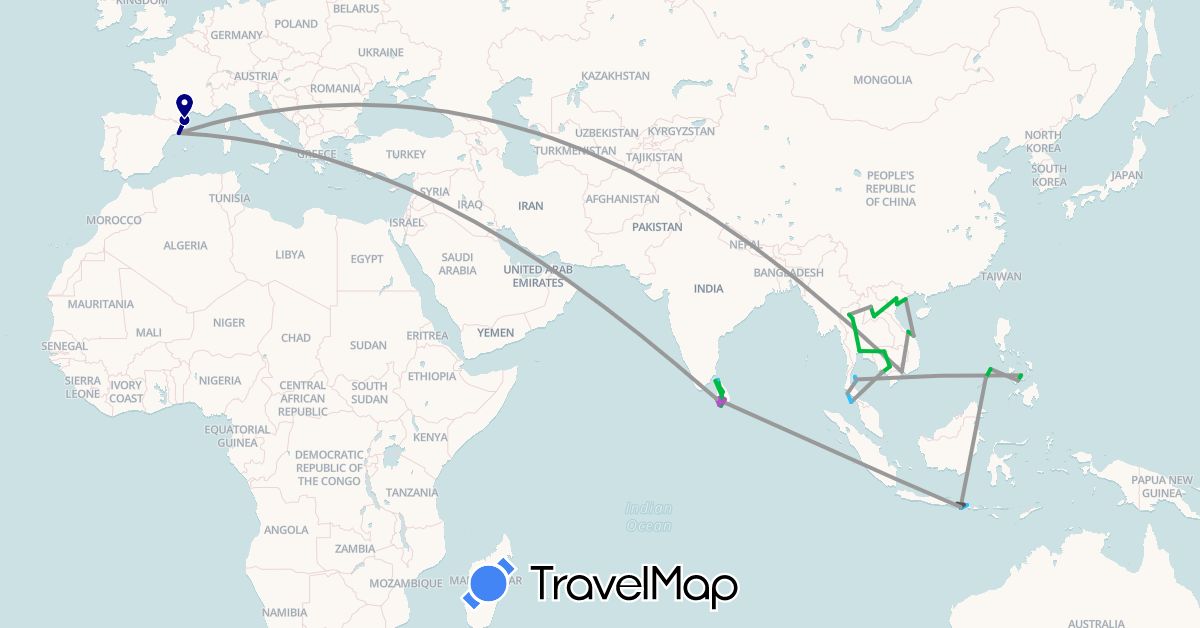 TravelMap itinerary: driving, bus, plane, train, boat, motorbike in Spain, France, Indonesia, Cambodia, Laos, Sri Lanka, Philippines, Thailand, Vietnam (Asia, Europe)